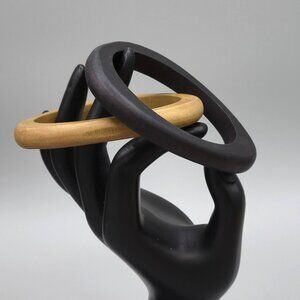 Set of 2 Wooden Bangle Bracelets Black Tan Oval Shape Vintage Fits Up To 7 1/4"